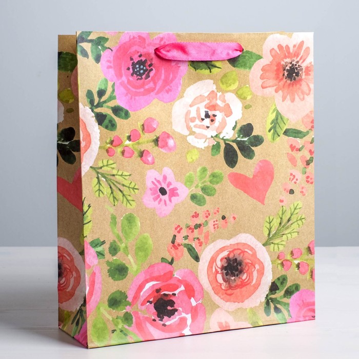 Пакет крафтовый вертикальный «Акварельные цветы», ML 23 × 27 × 8 см