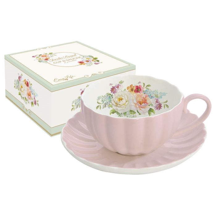 Чашка с блюдцем "Королевский сад", розовая