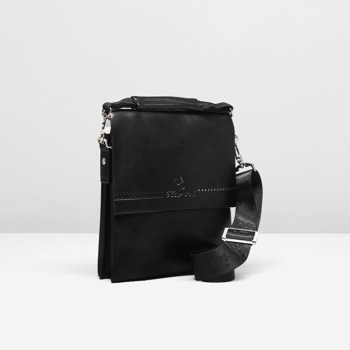 Планшет мужской, 3 отдела, 2 наружных кармана, ручка, длинный ремень, цвет чёрный