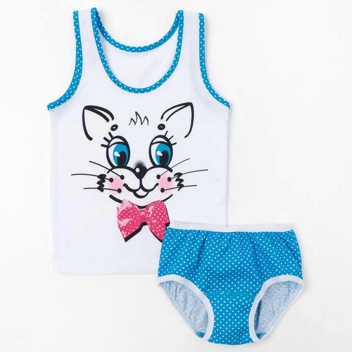 Гарнитур для девочки "Зверушки", рост 86 см (48), цвет белый/бирюзовый, принт кошка ДНГ681001н_1_М