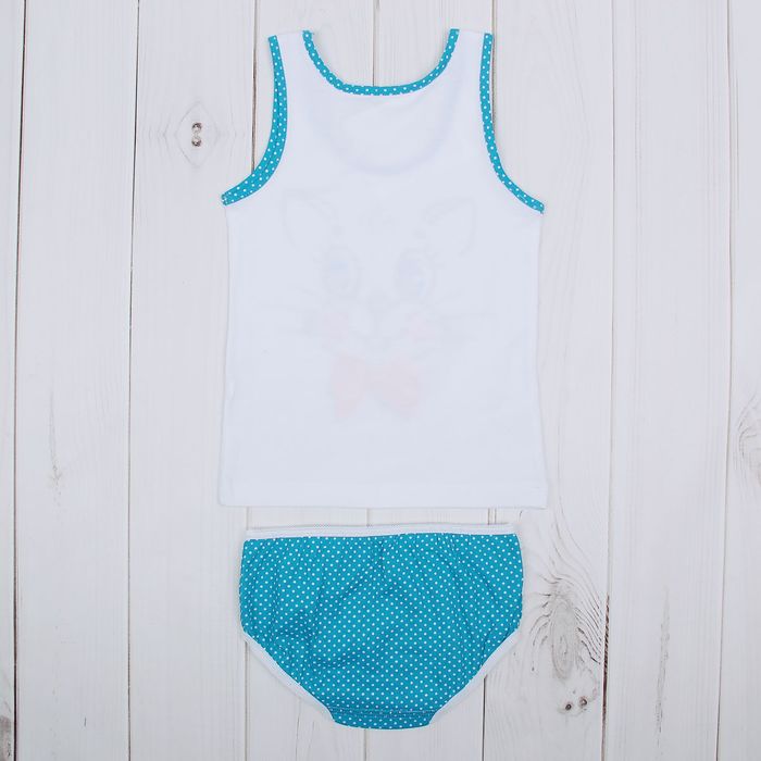 Гарнитур для девочки "Зверушки", рост 92 см (50), цвет белый/бирюзовый, принт кошка ДНГ681001н_1_М