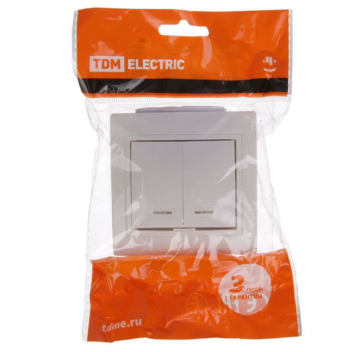 Выключатель TDM "Таймыр", 10 А, 2 клавиши. с подсветкой, белый, SQ1814-0005