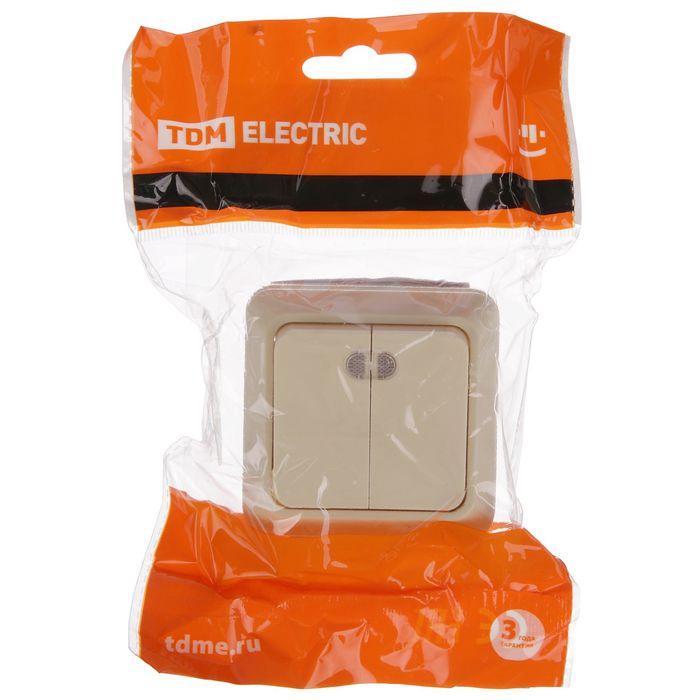 Выключатель TDM"Ладога", 10А, IP20, 2 клав, открытый, подсветка, цвет слон.кость,SQ1801-0008