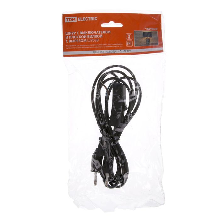 Шнур с выкл. TDM, ШВВП 2х0.75 мм2, плоская вилка с вырезом, 2 м, черный, SQ1305-0022