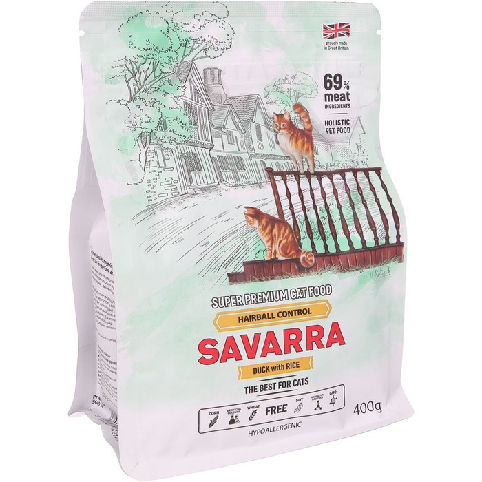 Сухой корм SAVARRA Adult Cat Hairball для взрослых кошек, утка/рис 400 г