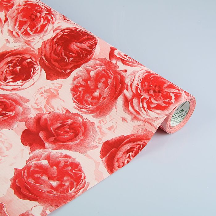 Бумага упаковочная крафт "Розы любви", бело-красно-бордовая, 0.5 х 10 м
