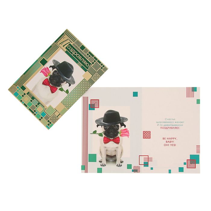 Открытка "Поздравляю!" мопс в шляпе