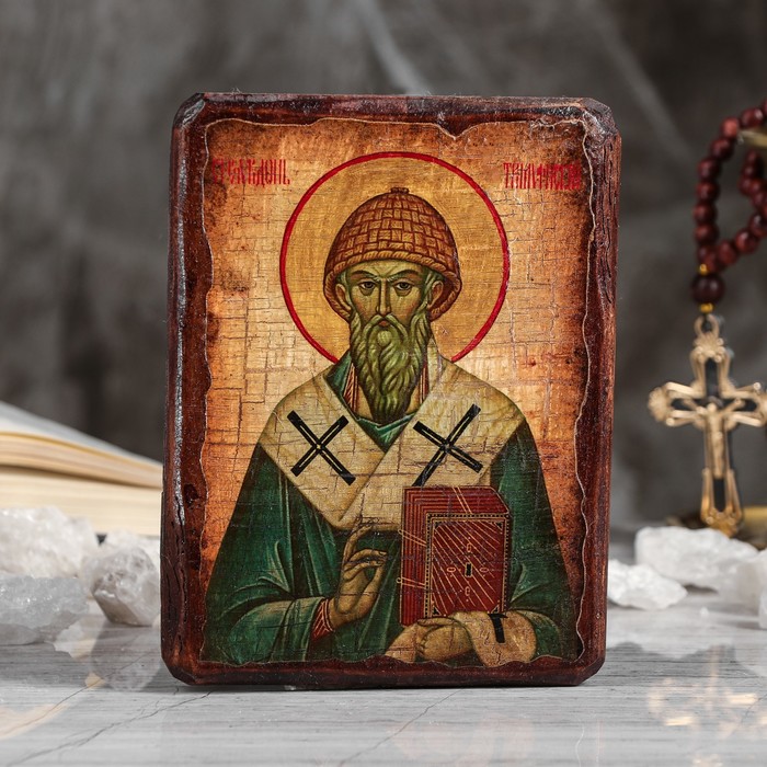 Икона под старину "Спиридон Тримифунтский", 13х17 см