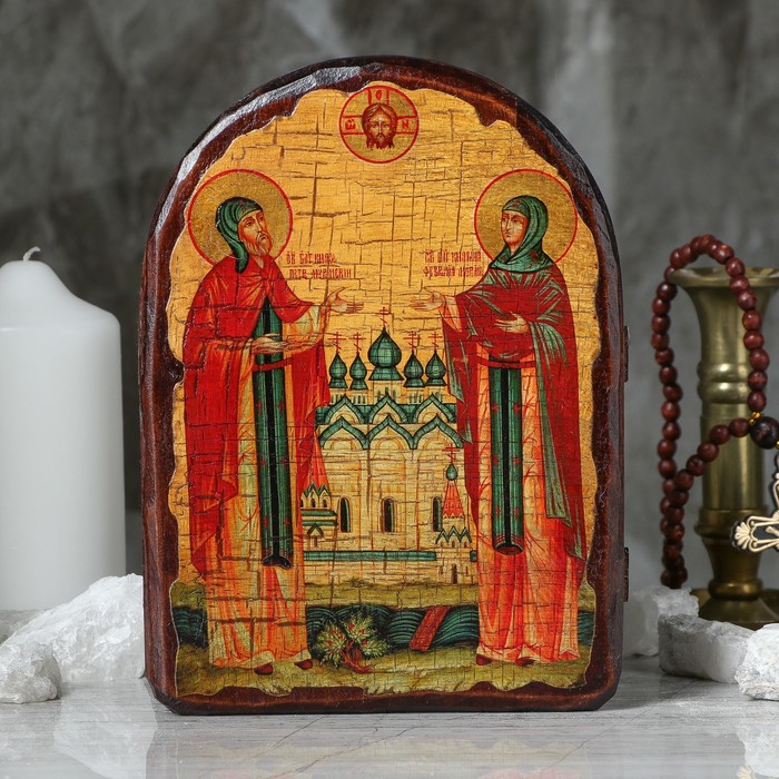Икона под старину "Петр и Феврония", 17х23 см, арка
