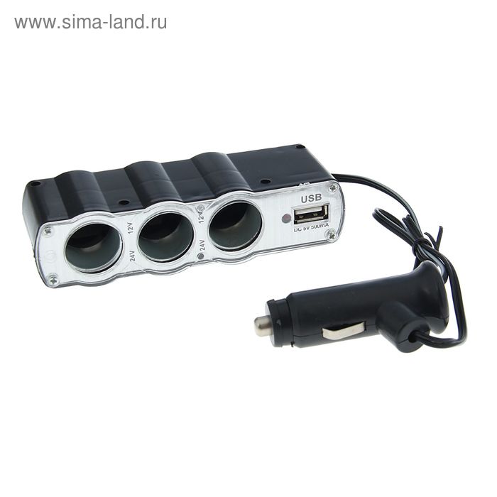 Разветвитель прикуривателя TORSO, 3 гнезда + USB, 12/24 В разветвитель прикуривателя rexant 3 гнезда 1 5 м