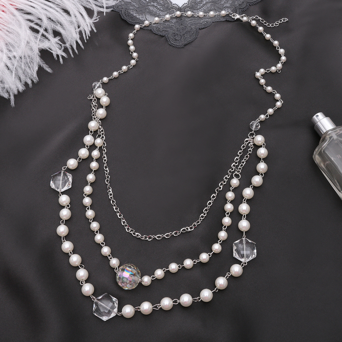 Бусы 3 яруса "Жемчужный каскад", цвет белый в серебре, 80см