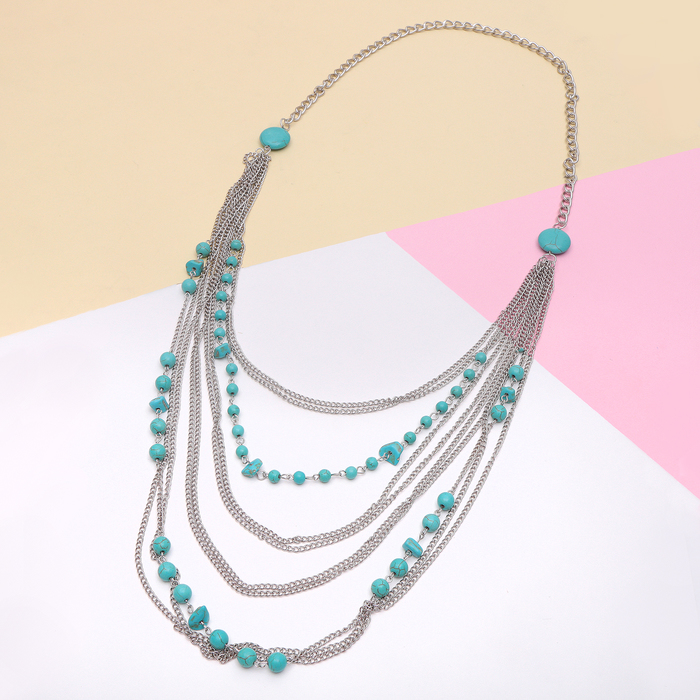 Бусы 10 рядов "Натурель", цвет голубой в серебре, 80см