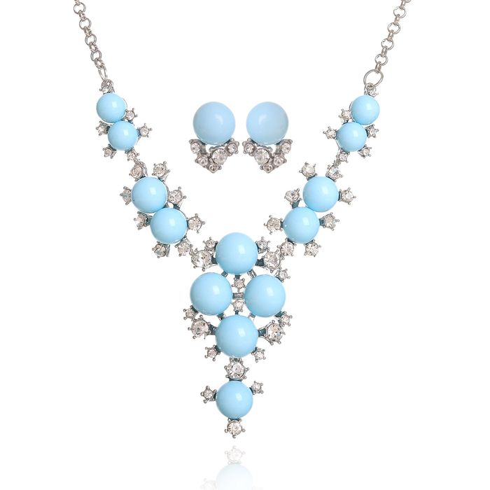 Набор 2 предмета: серьги, колье "Рассвет", цвет бело-голубой в серебре