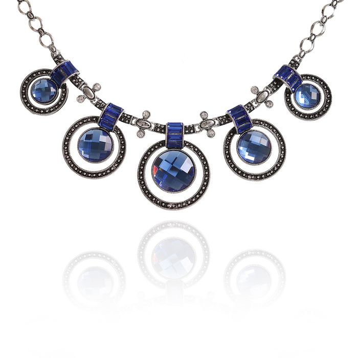 Колье "Круги" ночная прогулка, цвет сине-серый в чернёном серебре