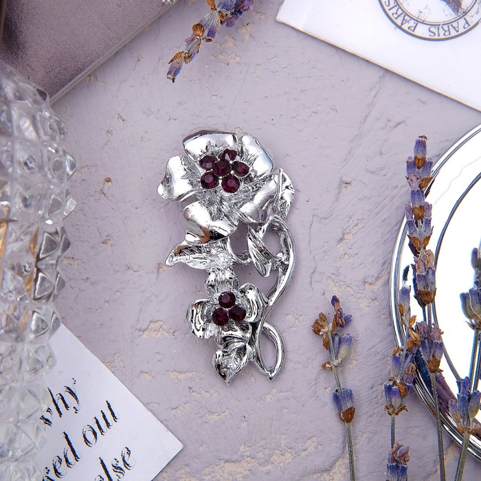 Брошь "Цветы розы с бутонами", цвет фиолетовый в серебре