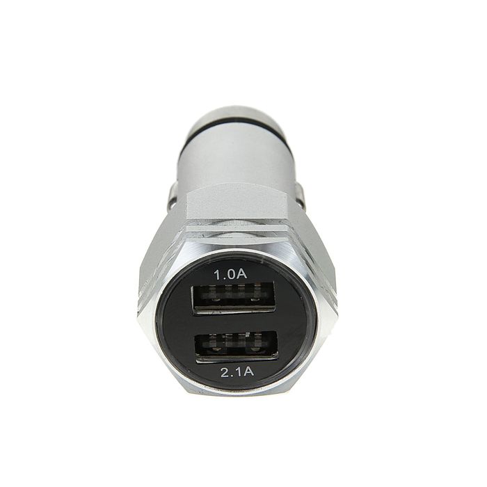 Адаптер питания автомобильный, + молоток, 2 USB, 1А, 2,1А, серый