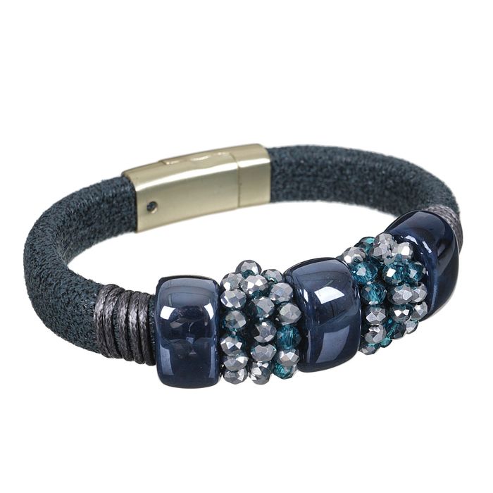 Браслет кожа "Роскошь" бусины, цвет зелёно-синий в золоте