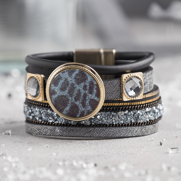 Браслет кожа "Роскошь" широкий, круг, цвет чёрно-серый в золоте