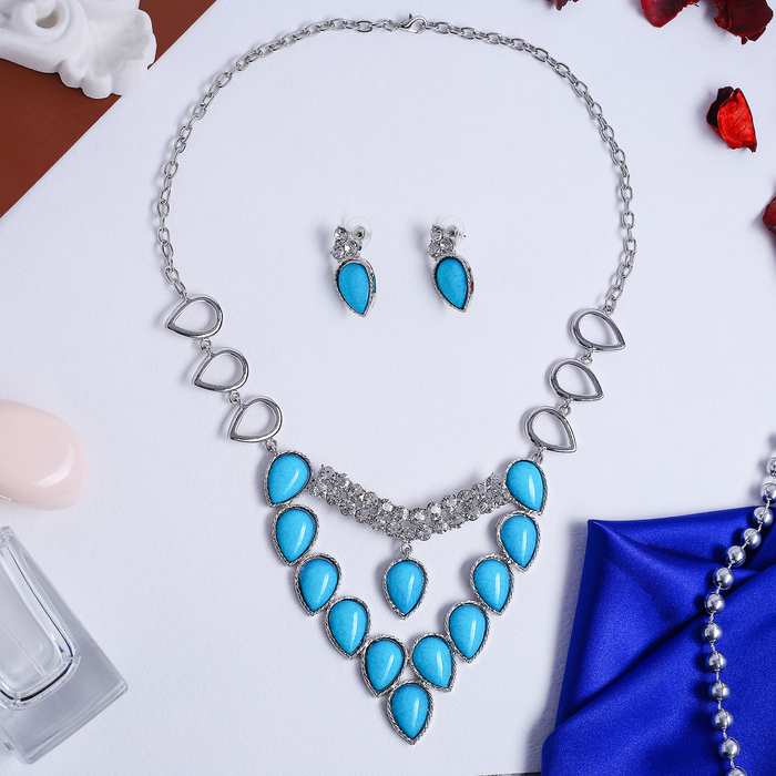 Набор 2 предмета: серьги, колье "Капли" водопад, цвет бело-голубой в серебре