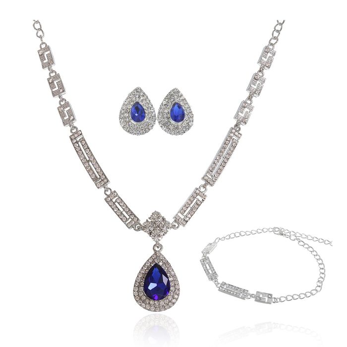 Набор 3 предмета: серьги, колье, браслет "Капля", цвет бело-синий в серебре