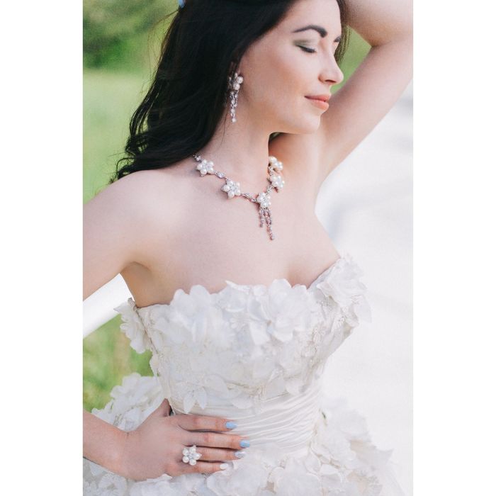 Набор 4 предмета: серьги, колье, браслет, кольцо "Жемчужные цветы", цвет белый в серебре