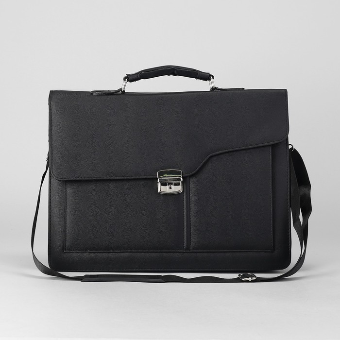 Портфель деловой на клапане, 3 отдела, наружный карман, длинный ремень, цвет чёрный