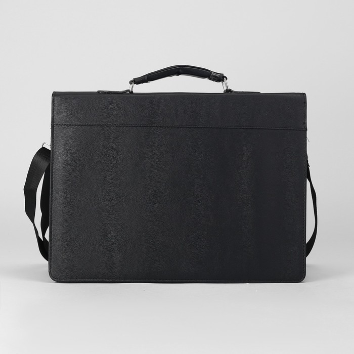 Портфель деловой на клапане, 3 отдела, наружный карман, длинный ремень, цвет чёрный