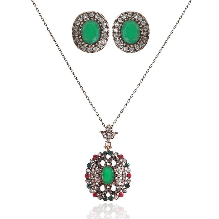 Гарнитур 2 предмета: серьги, кулон "Великолепный век" овал, цветной в чернёном золоте, 45см