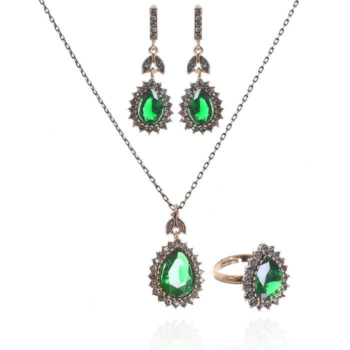 Гарнитур 3 пр: серьги, кулон, кольцо безразмерное, "Капля" великолепие, цвет зелёно-серый, 45см