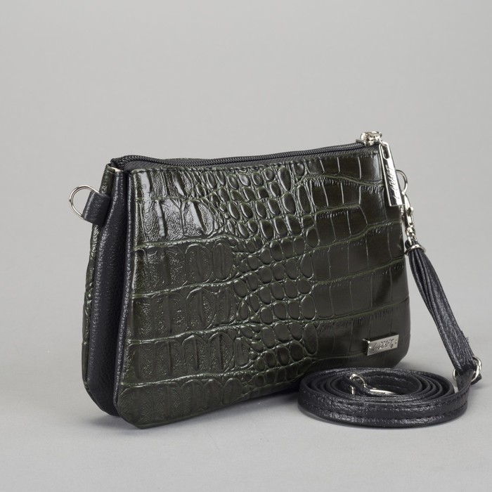 Сумка женская на молнии, 3 отдела, наружный карман, крокодил, цвет зелёный
