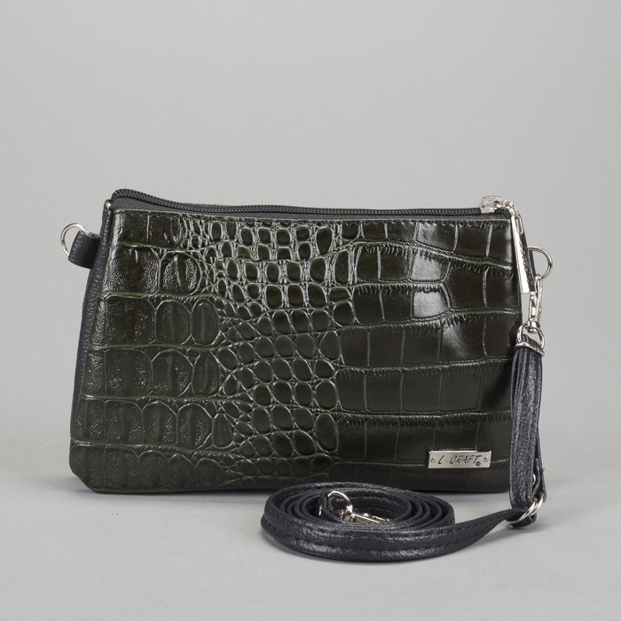 Сумка женская на молнии, 3 отдела, наружный карман, крокодил, цвет зелёный