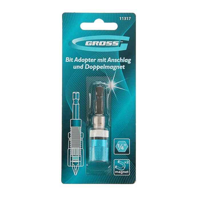 Адаптер для бит GROSS, с ограничителем и двойным магнитом, 1/4"