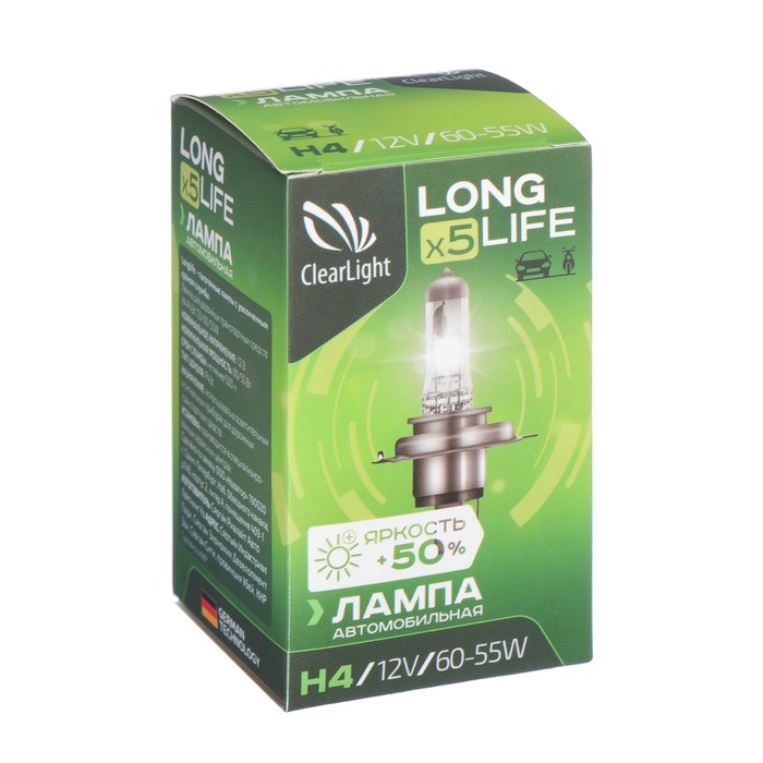 Лампа автомобильная Clearlight LongLife, H4, 12 В, 60/55 Вт