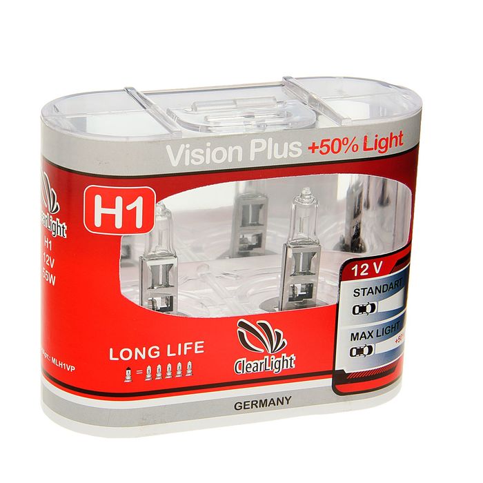 Галогенная лампа Clearlight Vision Plus +50% Light, H1, 12 В, 55 Вт, набор 2 шт