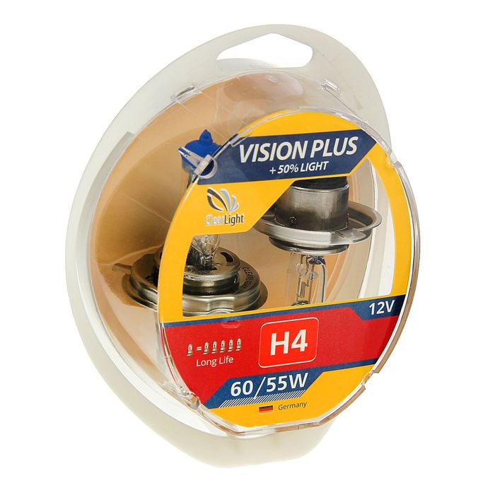 Галогенная лампа Clearlight Vision Plus +50% Light, H4, 12 В, 60/55 Вт, набор 2 шт