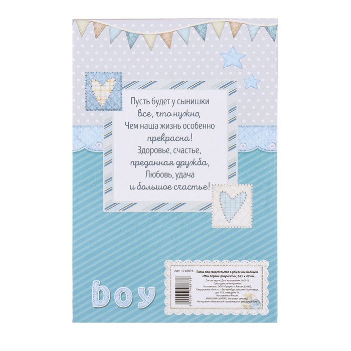 Свидетельство о рождении мальчика "Мои первые документы" с карманом для полиса