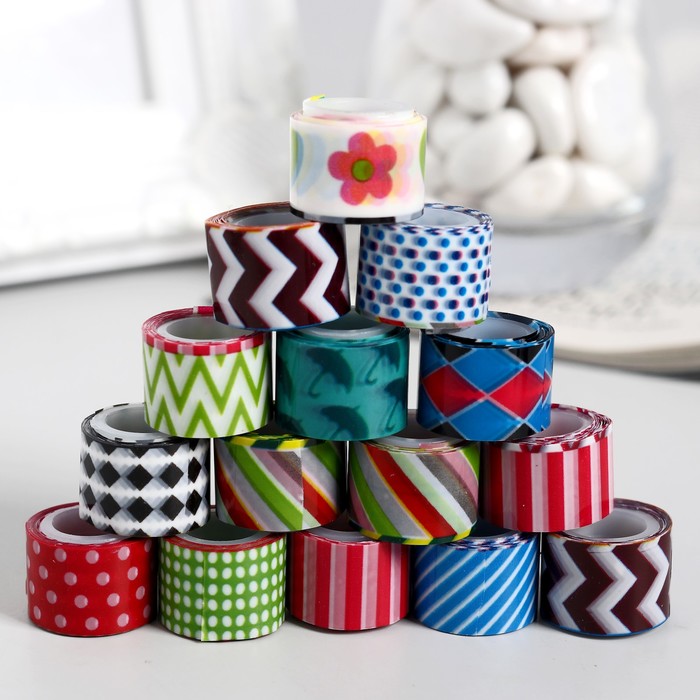 Клейкая лента декоративная в банке (набор 90 шт) ширина 1,2 см длина 2,8 метра МИКС