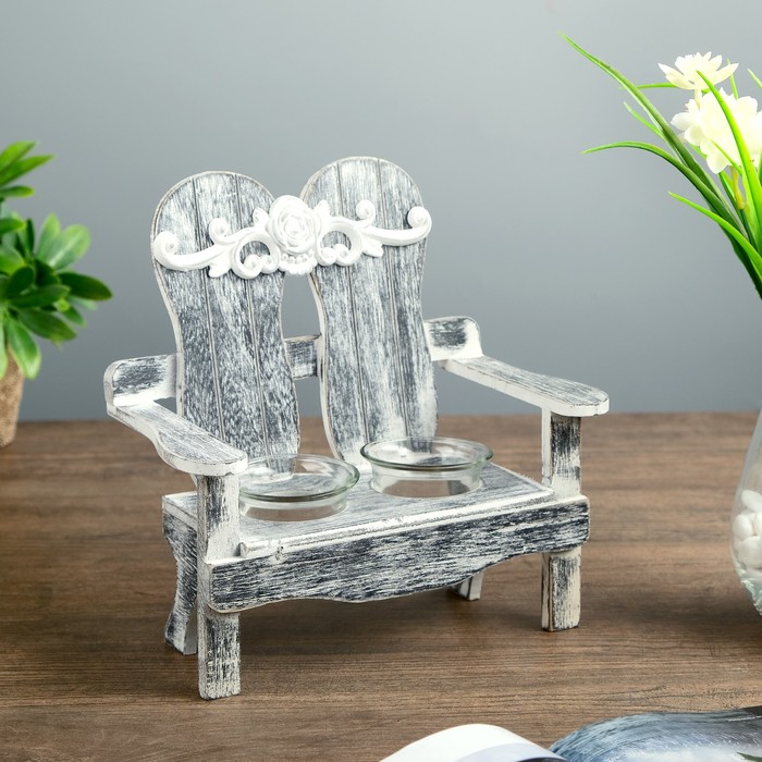 Подсвечник дерево 2 свечи "Скамейка с розой" серая 21,5х21,5х12,2 см