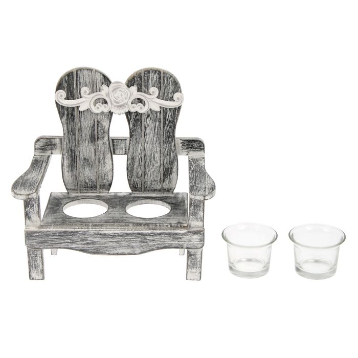 Подсвечник дерево 2 свечи "Скамейка с розой" серая 21,5х21,5х12,2 см