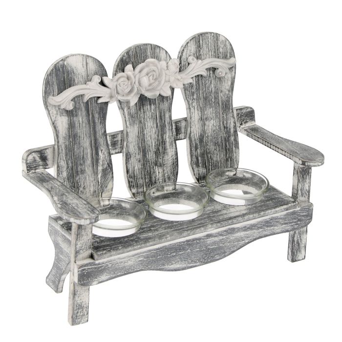 Подсвечник дерево 3 свечи "Скамейка с розой" серая 21,5х28,5х12,5 см
