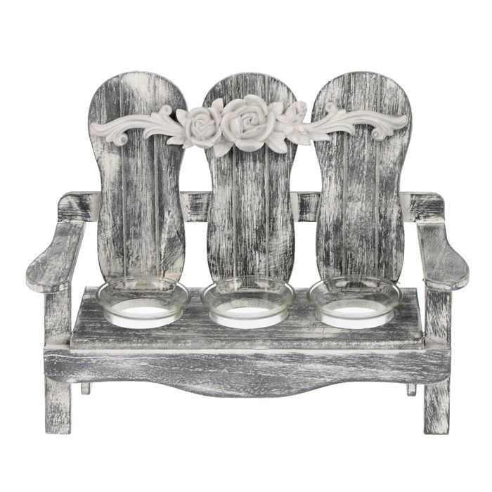 Подсвечник дерево 3 свечи "Скамейка с розой" серая 21,5х28,5х12,5 см
