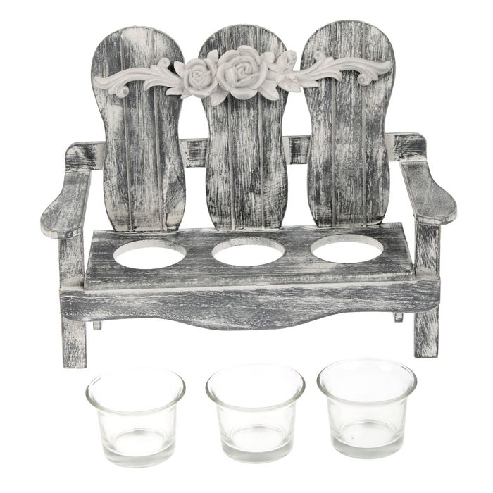 Подсвечник дерево 3 свечи "Скамейка с розой" серая 21,5х28,5х12,5 см