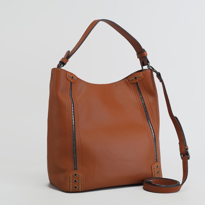 Сумка женская на молнии, 1 отдел с перегородкой, наружный карман, длинный ремень, цвет рыжий