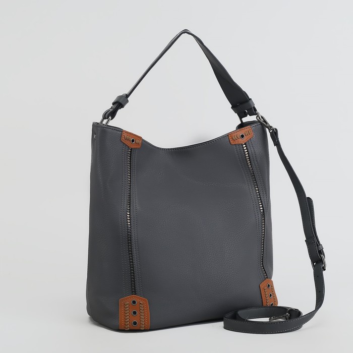 Сумка женская на молнии, 1 отдел с перегородкой, наружный карман, длинный ремень, цвет серый