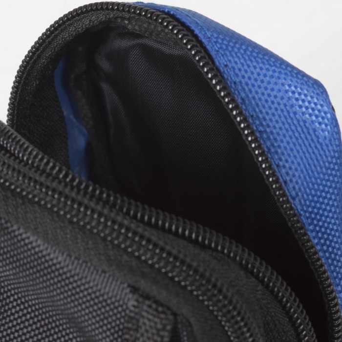 Сумка поясная, 2 отдела, наружный карман, длинный ремень, цвет чёрный/синий