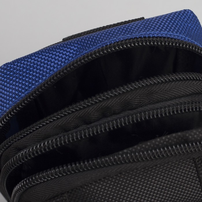 Сумка поясная, 2 отдела, наружный карман, длинный ремень, цвет чёрный/синий