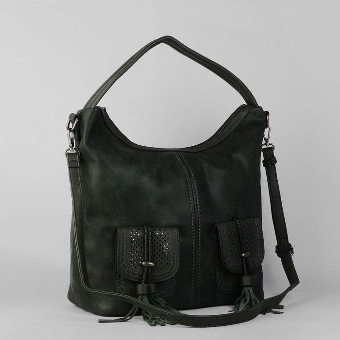 Сумка женская, 1 отдел с перегородкой, 3 наружных кармана, длинный ремень, цвет зелёный