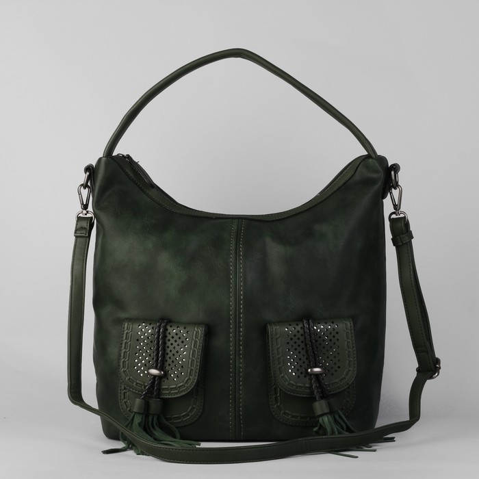 Сумка женская, 1 отдел с перегородкой, 3 наружных кармана, длинный ремень, цвет зелёный
