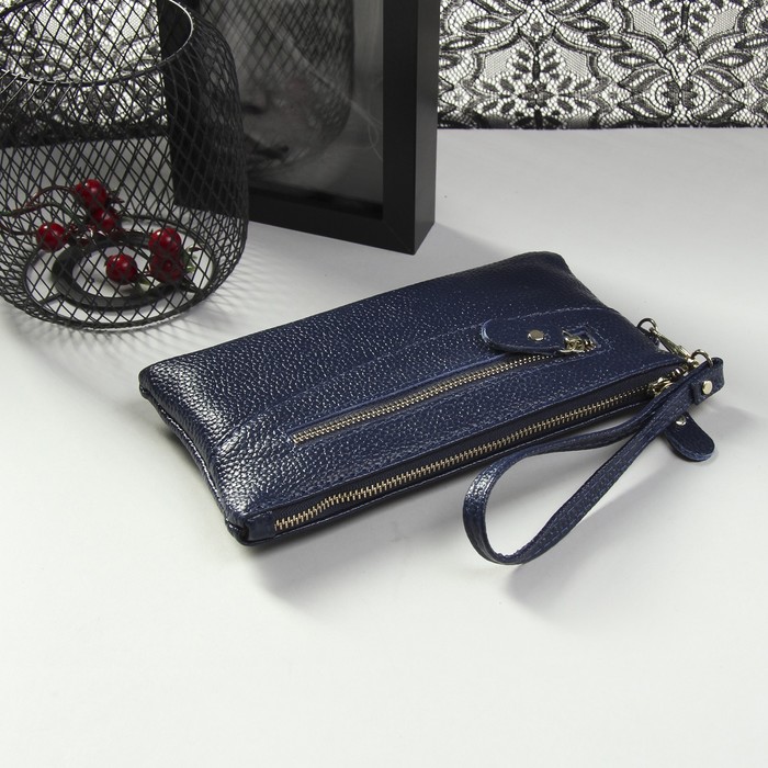Кошелёк женский на молнии, 1 отдел с перегородкой, 2 наружных кармана с ручкой, цвет синий