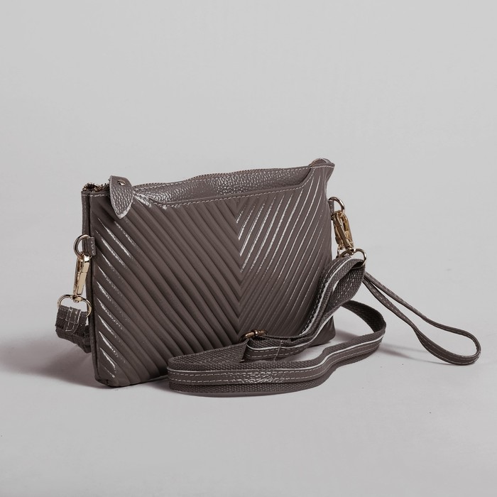 Клатч женский на молнии, 1 отдел с перегородкой, ручка, 2 наружных кармана, длинный ремень, цвет серый